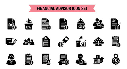 A collection of 25 Financial Advisor Icon Set Black flet Icon. The icons are neatly arranged in rows and columns, with a pink banner on the top that reads 'Financial Advisor Icon Set  © Slamat