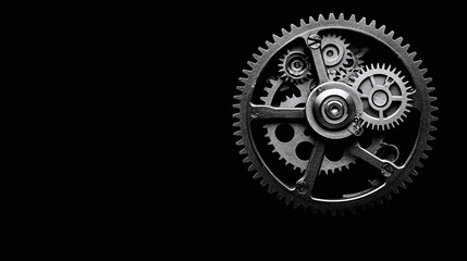 Obraz premium Interconnected mechanical gears on a dark background capturing concepts of engineering, innovation, technology concept with copy space 