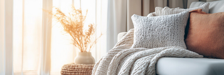 Cozy pillows and blanket in warm reading nook for blog or website header, 3:1 banner image with soft textures, warm neutral tones, and left-aligned copy space