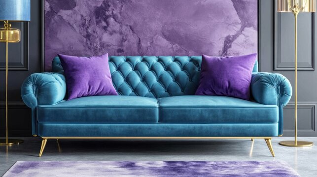 Teal velvet sofa with purple accent pillows in a stylish living room.