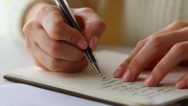 Woman writing in notebook with pen, focused handwriting and personal journaling for creative expression and thoughtful reflection.
