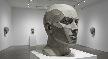 Large faceted gray concrete head sculpture on a white pedestal in an art gallery with other head busts