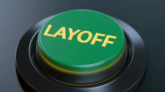 Layoff employee and unemployment concept, Green button labeled "LAYOFF" on a black background.