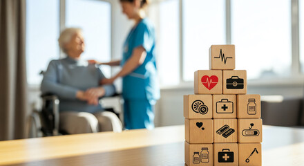 Stacked of wooden blocks with healthcare icons, symbolizing care and medical services. The concept of elderly care, support, and accessible healthcare services. Generative AI.