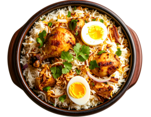 Top-Down View of Handi Chicken Biryani with Sliced Egg and Herbs, Authentic South Asian Style, Isolated PNG.