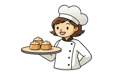 Smiling cartoon chef woman proudly presents a tray of delicious baked pastries with creamy topping and a dark dot