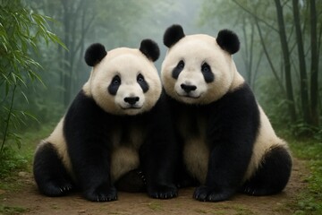 Fototapeta premium Two Gentle Panda Siblings in a Misty Forest