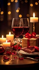 Romantic dinner table setting with wine, candles, and gifts