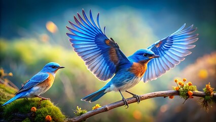 Two beautiful bluebirds perched on a mossy branch with one taking flight