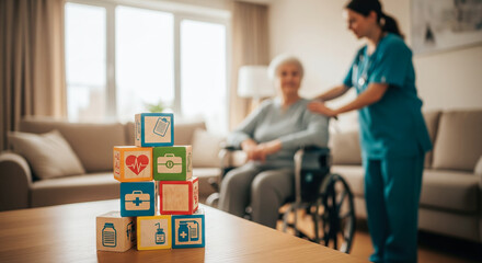 Stacked of wooden blocks with healthcare icons, symbolizing care and medical services. The concept of elderly care, support, and accessible healthcare services. Generative AI.