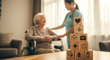 Stacked of wooden blocks with healthcare icons, symbolizing care and medical services. The concept of elderly care, support, and accessible healthcare services. Generative AI.