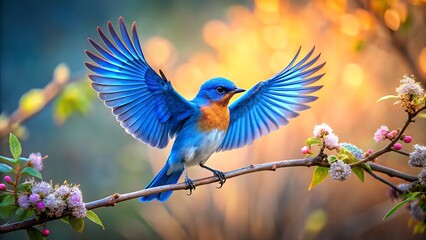 Vibrant bluebird with outstretched wings perched on a flowering branch