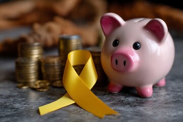 Pink piggy bank beside gold ribbon  coin stacks on gray surface