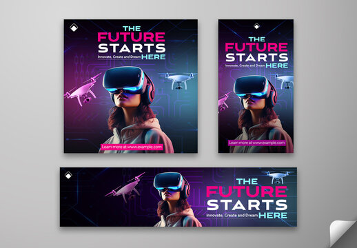 Editable Futuristic Tech Social Media Pack &ndash; VR Headset & Drone Theme for Innovation Events and Startup Promotions