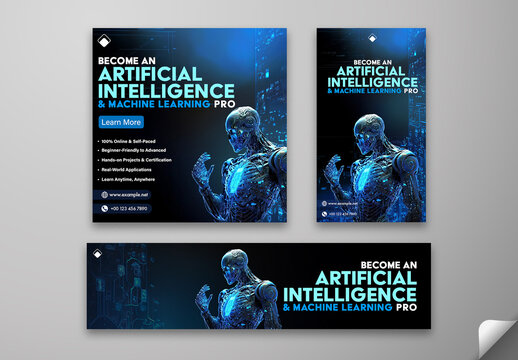 Editable AI & Machine Learning Course Social Media Pack &ndash; Robotic Tech Promo Design for Education and Certification Programs