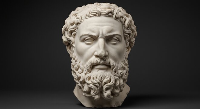 Marble bust of a bearded man with curly hair and furrowed brow on a dark gray background
