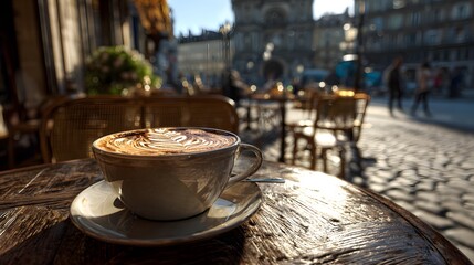 Human eye level close up of creamy cappuccino foam art served sidewalk caf Paris cobblestone streets vintage architecture background morning light casting gentle shadows photo realistic table textures