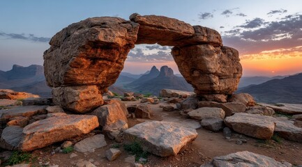 A majestic natural stone arch frames a stunning mountain landscape during a golden sunrise.