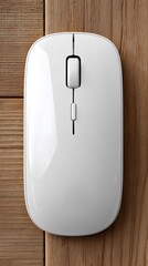Sleek white wireless computer mouse on a natural wood desk, representing a modern minimalist workspace.