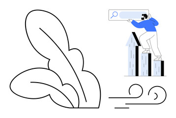 Person ascends upward-pointing graph bars holding a search input field. Large abstract leaves and wind represent growth, innovation, entrepreneurship, and eco-conscious ideas. Ideal for progress