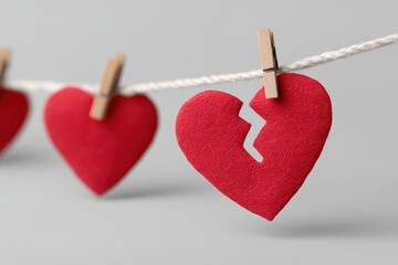 Symbol of Heartbreak, A cracked red fabric heart hanging on a clothesline among whole ones.