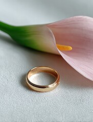 Symbol of Love and Commitment, An Elegant Gold Wedding Ring Beside a Delicate Pink Calla Lily.