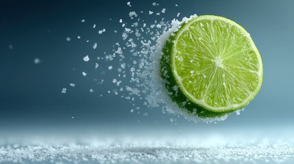 A Burst of Zesty Flavor, Fresh Lime Slice Exploding with Sea Salt Crystals on a Cool Background