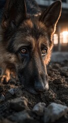 Intense close up portrait of a loyal German Shepherd sniffing the ground with focus during golden hour.