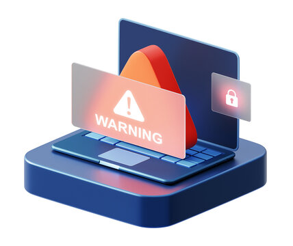 Cybercrime Warning Alert 3d Laptop with Hacker Scam Fraud Phishing Malware and Hacking Cyber Crime Threat PNG Transparent Concept.