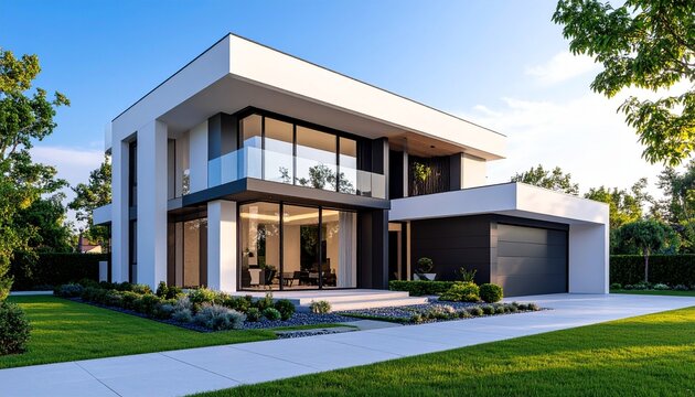 Showcasing modern  architectural design urban residential area luxury house exterior suburban environment contemporary viewpoint
