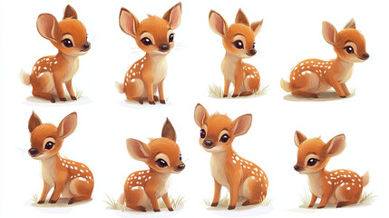 Fototapeta premium Cute adorable little deer depicted in different poses. Cute watercolor baby dear, bambi portrait set on white background. 