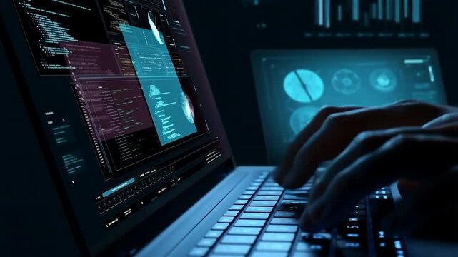 Hacker typing on laptop computer in dark room with multiple code windows, cybersecurity programming and digital interface technology for software development or cyber attack analysis.