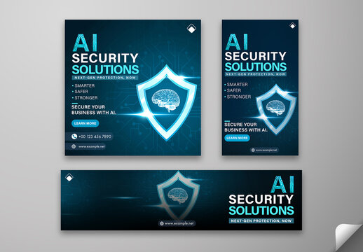 Editable AI Security Social Media Pack &ndash; Cyber Shield Design for Tech Protection Campaigns