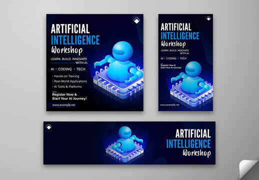 Editable AI Workshop Social Media Pack &ndash; Illustrated Robot Design for Coding & Tech Training