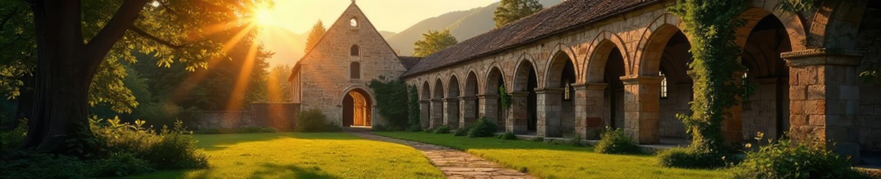 Serene Benedictine Monastery at Dawn Sunlight Illuminates Ancient Stone Architecture and Peaceful Gardens, Ideal for Faith, Spirituality, and Tranquility Themes