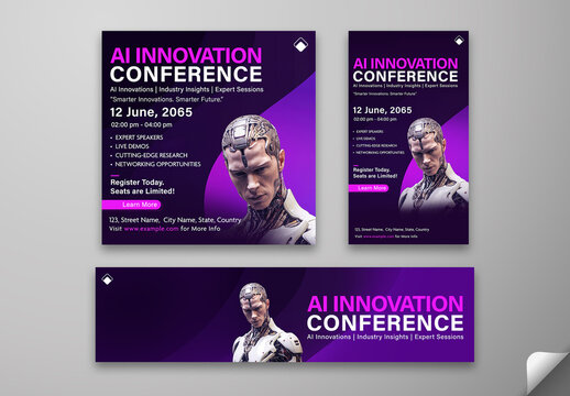 Editable AI Innovation Conference Social Media Pack &ndash; Robotic Humanoid Theme for Technology Event Promotion