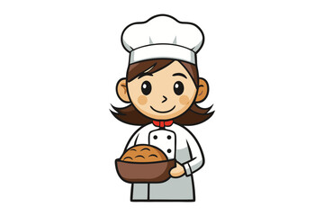 Smiling cartoon female baker in chef uniform holding a bowl of freshly baked bread rolls ready for serving