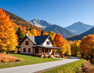 Autumnal Mountain Roadside Cottage with Colorful Foliage