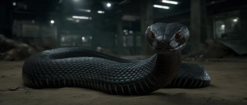 Dark Cobra&rsquo;s Stare: A striking black cobra stands alert with captivating gaze. The powerful reptile's presence dominates a dimly lit, eerie setting.