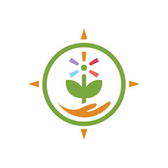 A vibrant logo featuring a hand supporting a colorful flower within a green circular frame, with a subtle compass rose element, symbolizing nurturing and direction