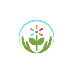 A cheerful logo with hands supporting a vibrant, colorful flower, all encased within a light blue arch, representing nurturing, growth, and positive energy