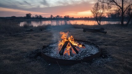 Tranquil Campfire Scene by the Serene Lake at Dusk