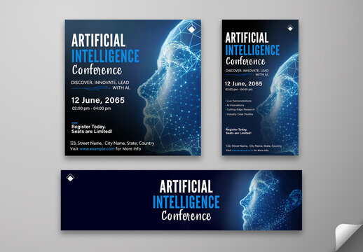 Editable Artificial Intelligence Conference Social Media Pack &ndash; Digital Wireframe Face Theme for Tech Event Promotion