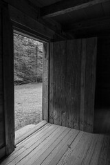 Black and white photograph from inside the Carter Shields cabin, the back door open and looking out...