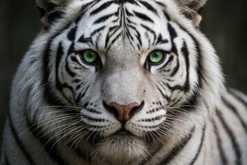 Fototapeta premium A striking portrait of a white tiger with piercing green eyes, set against a dark backdrop