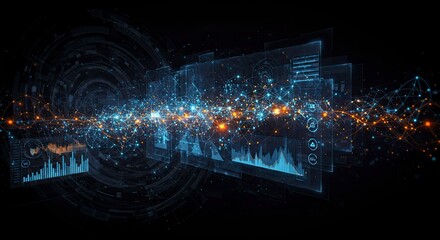 Futuristic Data Visualization: Glowing Network and Digital Interface on Black Background