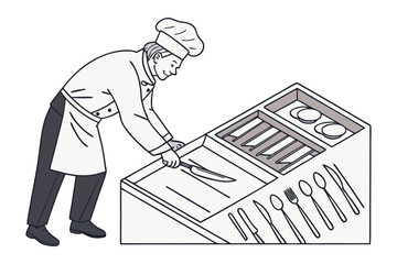 Chef meticulously organizing cutlery and plates in a professional kitchen drawer for efficient service preparation