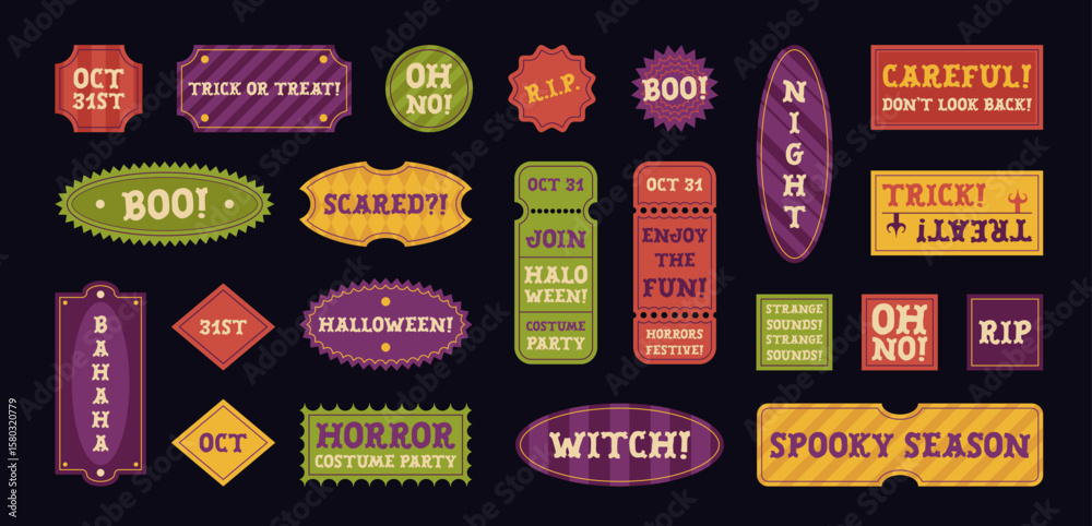 Fototapete halloween stickers and tickets with text and dark holiday patterns. party announces, trick or treat 