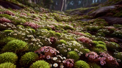 Flower Meadow in Forest with Daisies and Moss