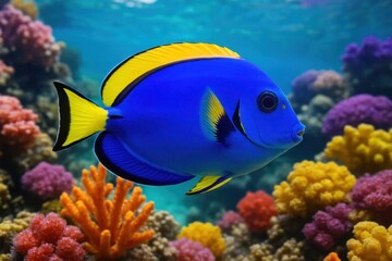 A vibrant blue tang fish swims gracefully among a kaleidoscope of coral reefs in the depths of the ocean